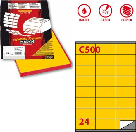 Etichetta adesiva C500 - permanente - 70x36 mm - 24 etichette per foglio - giallo - Markin - scatola 100 fogli A4 Cancelleria e prodotti per ufficio/Archivio ufficio e accessori per scrivania/Etichette divisori per schedario e timbri/Etichette ed etichette adesive/Etichette per stampanti Eurocartuccia - Pavullo, Commerciovirtuoso.it