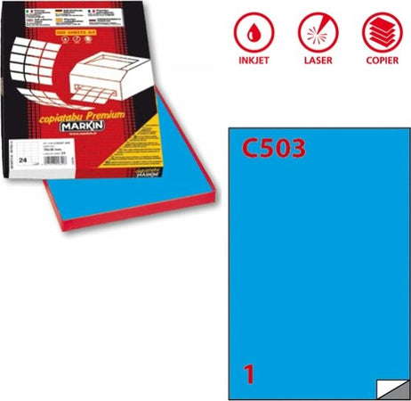 Etichetta adesiva C503 - permanente - 210x297 mm - 1 etichetta per foglio - blu - Markin - scatola 100 fogli A4 Cancelleria e prodotti per ufficio/Archivio ufficio e accessori per scrivania/Etichette divisori per schedario e timbri/Etichette ed etichette adesive/Etichette per stampanti Eurocartuccia - Pavullo, Commerciovirtuoso.it
