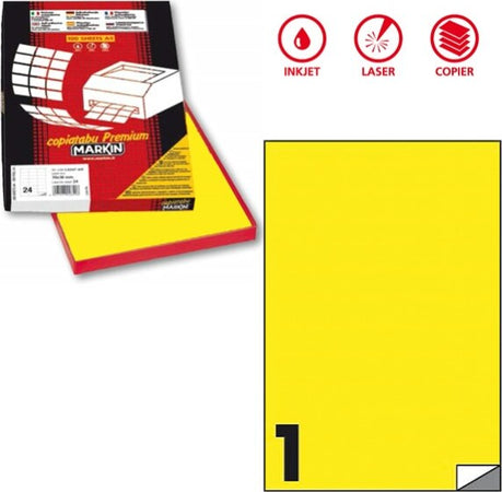 Etichetta adesiva C503 - permanente - 210x297 mm - 1 etichetta per foglio - giallo fluo - Markin - scatola 100 fogli A4 Cancelleria e prodotti per ufficio/Archivio ufficio e accessori per scrivania/Etichette divisori per schedario e timbri/Etichette ed etichette adesive/Etichette per stampanti Eurocartuccia - Pavullo, Commerciovirtuoso.it