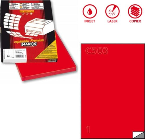 Etichetta adesiva C503 - permanente - 210x297 mm - 1 etichetta per foglio - rosso - Markin - scatola 100 fogli A4 Cancelleria e prodotti per ufficio/Archivio ufficio e accessori per scrivania/Etichette divisori per schedario e timbri/Etichette ed etichette adesive/Etichette per stampanti Eurocartuccia - Pavullo, Commerciovirtuoso.it
