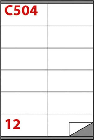 Etichetta adesiva C504 - permanente - 105x48 mm - 12 etichette per foglio - bianco - Markin - scatola 100 fogli A4 Cancelleria e prodotti per ufficio/Archivio ufficio e accessori per scrivania/Etichette divisori per schedario e timbri/Etichette ed etichette adesive/Etichette per stampanti Eurocartuccia - Pavullo, Commerciovirtuoso.it