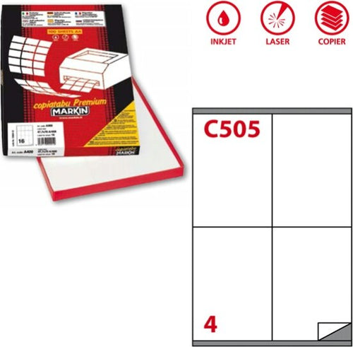 Etichetta adesiva C505 - permanente - 105x140 mm - 4 etichette per foglio - bianco - Markin - scatola 100 fogli A4 Cancelleria e prodotti per ufficio/Archivio ufficio e accessori per scrivania/Etichette divisori per schedario e timbri/Etichette ed etichette adesive/Etichette per stampanti Eurocartuccia - Pavullo, Commerciovirtuoso.it