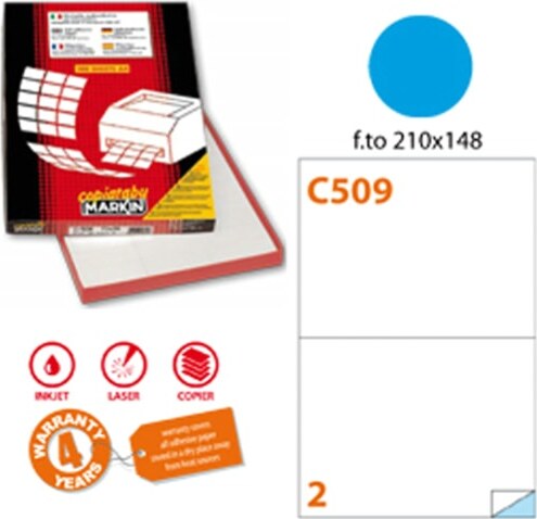 Etichetta adesiva C509 - permanente - 210x148 5 mm - 2 etichette per foglio - blu - Markin - scatola 100 fogli A4 Cancelleria e prodotti per ufficio/Archivio ufficio e accessori per scrivania/Etichette divisori per schedario e timbri/Etichette ed etichette adesive/Etichette per stampanti Eurocartuccia - Pavullo, Commerciovirtuoso.it