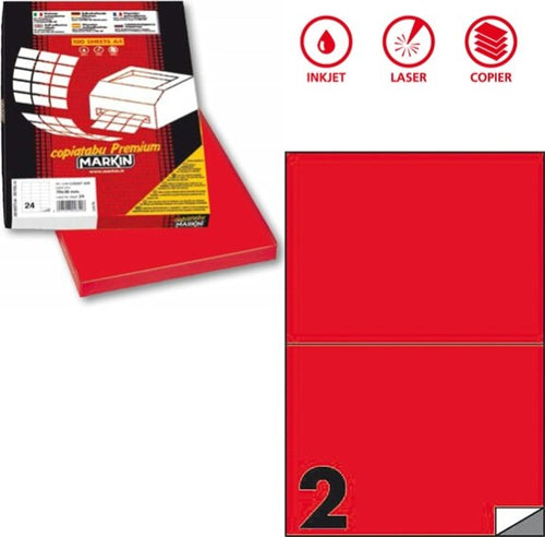Etichetta adesiva C509 - permanente - 210x148 5 mm - 2 etichette per foglio - rosso fluo - Markin - scatola 100 fogli A4 Cancelleria e prodotti per ufficio/Archivio ufficio e accessori per scrivania/Etichette divisori per schedario e timbri/Etichette ed etichette adesive/Etichette per stampanti Eurocartuccia - Pavullo, Commerciovirtuoso.it