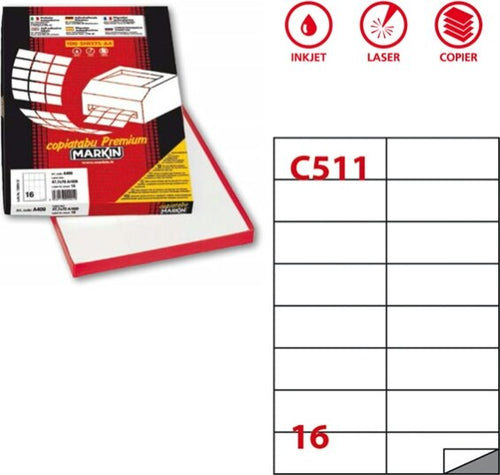 Etichetta adesiva C511 - permanente - 105x37 12 mm - 16 etichette per foglio - bianco - Markin - scatola 100 fogli A4 Cancelleria e prodotti per ufficio/Archivio ufficio e accessori per scrivania/Etichette divisori per schedario e timbri/Etichette ed etichette adesive/Etichette per stampanti Eurocartuccia - Pavullo, Commerciovirtuoso.it