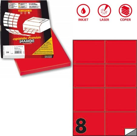 Etichetta adesiva C512 - permanente - 105x74 25 mm - 8 etichette per foglio - rosso fluo - Markin - scatola 100 fogli A4 Cancelleria e prodotti per ufficio/Archivio ufficio e accessori per scrivania/Etichette divisori per schedario e timbri/Etichette ed etichette adesive/Etichette per stampanti Eurocartuccia - Pavullo, Commerciovirtuoso.it