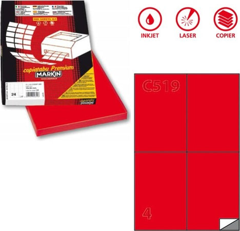 Etichetta adesiva C519 - permanente - 105 x148 5 mm - 4 etichette per foglio - rosso - Markin - scatola 100 fogli A4 Cancelleria e prodotti per ufficio/Archivio ufficio e accessori per scrivania/Etichette divisori per schedario e timbri/Etichette ed etichette adesive/Etichette per stampanti Eurocartuccia - Pavullo, Commerciovirtuoso.it