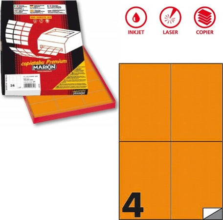 Etichetta adesiva C519 - permanente - 105x148 5 mm - 4 etichette per foglio - arancio fluo - Markin - scatola 100 fogli A4 Cancelleria e prodotti per ufficio/Archivio ufficio e accessori per scrivania/Etichette divisori per schedario e timbri/Etichette ed etichette adesive/Etichette per stampanti Eurocartuccia - Pavullo, Commerciovirtuoso.it