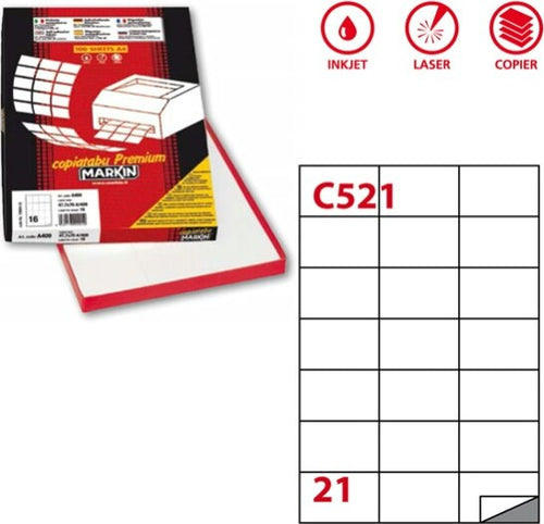 Etichetta adesiva C521 - permanente - 70x42 43 mm - 21 etichette per foglio - bianco - Markin - scatola 100 fogli A4 Cancelleria e prodotti per ufficio/Archivio ufficio e accessori per scrivania/Etichette divisori per schedario e timbri/Etichette ed etichette adesive/Etichette per stampanti Eurocartuccia - Pavullo, Commerciovirtuoso.it