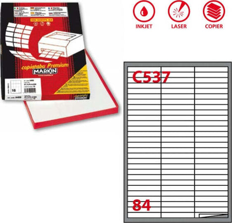 Etichetta adesiva C537 - permanente - 67x10 mm - 84 etichette per foglio - bianco - Markin - scatola 100 fogli A4 Cancelleria e prodotti per ufficio/Archivio ufficio e accessori per scrivania/Etichette divisori per schedario e timbri/Etichette ed etichette adesive/Etichette per stampanti Eurocartuccia - Pavullo, Commerciovirtuoso.it