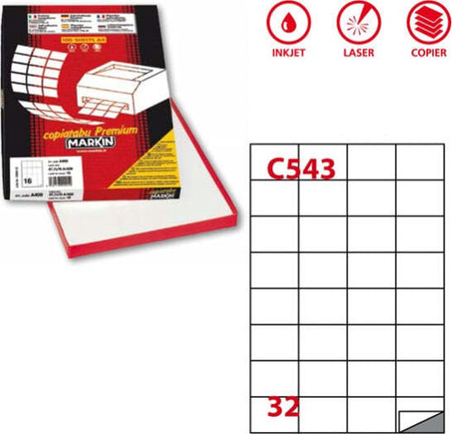 Etichetta adesiva C543 - permanente - 52 5x37 mm - 32 etichette per foglio - bianco - Markin - scatola 100 fogli A4 Cancelleria e prodotti per ufficio/Archivio ufficio e accessori per scrivania/Etichette divisori per schedario e timbri/Etichette ed etichette adesive/Etichette per stampanti Eurocartuccia - Pavullo, Commerciovirtuoso.it