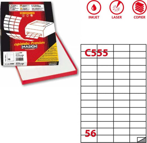 Etichetta adesiva C555 - permanente - 52 5x21 2 mm - 56 etichette per foglio - bianco - Markin - scatola 100 fogli A4 Cancelleria e prodotti per ufficio/Archivio ufficio e accessori per scrivania/Etichette divisori per schedario e timbri/Etichette ed etichette adesive/Etichette per stampanti Eurocartuccia - Pavullo, Commerciovirtuoso.it