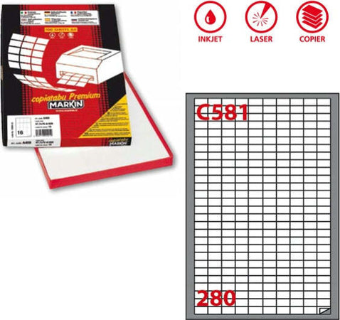 Etichetta adesiva C581 - permanente - 19x10 mm - 280 etichette per foglio - bianco - Markin - scatola 100 fogli A4 Cancelleria e prodotti per ufficio/Archivio ufficio e accessori per scrivania/Etichette divisori per schedario e timbri/Etichette ed etichette adesive/Etichette per stampanti Eurocartuccia - Pavullo, Commerciovirtuoso.it