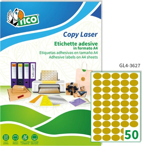Etichetta adesiva GL4 - ovale - permanente - 36x27 mm - 50 etichette per foglio - satinata oro - Tico - conf. 100 fogli A4 Cancelleria e prodotti per ufficio/Archivio ufficio e accessori per scrivania/Etichette divisori per schedario e timbri/Etichette ed etichette adesive/Etichette per stampanti Eurocartuccia - Pavullo, Commerciovirtuoso.it