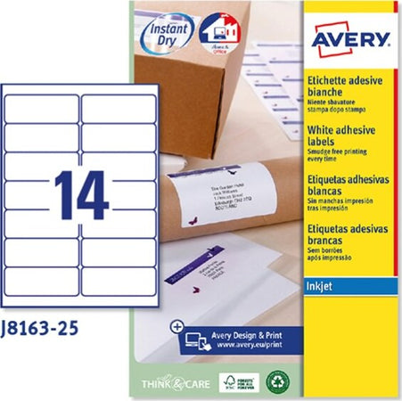 Etichetta adesiva J8163 - permanente - adatta a stampanti inkjet - 99 1x38 1 mm - 14 etichette per foglio - bianco - Avery - conf. 25 fogli A4 Cancelleria e prodotti per ufficio/Archivio ufficio e accessori per scrivania/Etichette divisori per schedario e timbri/Etichette ed etichette adesive/Etichette per stampanti Eurocartuccia - Pavullo, Commerciovirtuoso.it