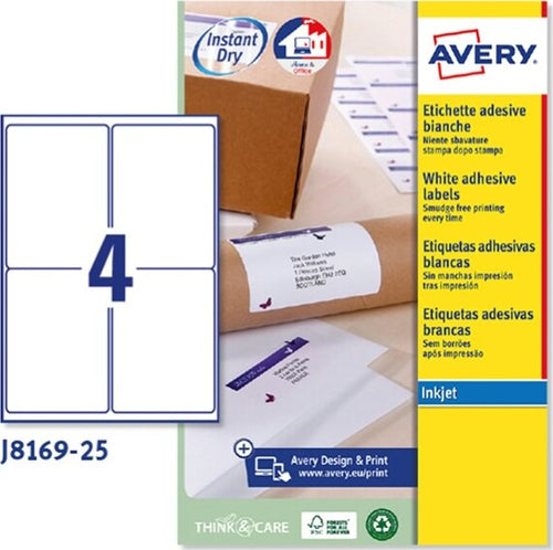 Etichetta adesiva J8169 - permanente - adatta a stampanti inkjet - 99 1x139 mm - 4 etichette per foglio - bianco - Avery - conf. 25 fogli A4 Cancelleria e prodotti per ufficio/Archivio ufficio e accessori per scrivania/Etichette divisori per schedario e timbri/Etichette ed etichette adesive/Etichette per stampanti Eurocartuccia - Pavullo, Commerciovirtuoso.it