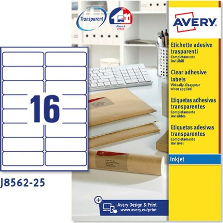Etichetta adesiva J8562 - adatta a stampanti inkjet - 99 1x34 mm - 16 etichette per foglio - trasparente - Avery - conf. 25 fogli A4 Cancelleria e prodotti per ufficio/Archivio ufficio e accessori per scrivania/Etichette divisori per schedario e timbri/Etichette ed etichette adesive/Etichette per stampanti Eurocartuccia - Pavullo, Commerciovirtuoso.it