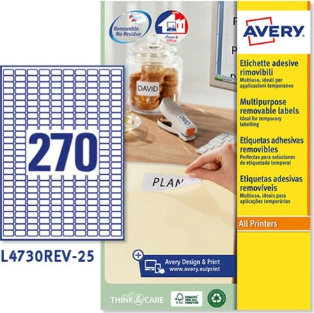Etichetta adesiva L4730REV - rimovibile - adatta a stampanti laser - 17 8x10 mm - 270 etichette per foglio - bianco - Avery - conf. 25 fogli A4 Cancelleria e prodotti per ufficio/Archivio ufficio e accessori per scrivania/Etichette divisori per schedario e timbri/Etichette ed etichette adesive/Etichette per stampanti Eurocartuccia - Pavullo, Commerciovirtuoso.it