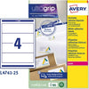 Etichetta adesiva L4761 - permanente - 192x61 mm - 4 etichette per foglio - bianco coprente - Avery - conf. 25 fogli A4 Cancelleria e prodotti per ufficio/Archivio ufficio e accessori per scrivania/Etichette divisori per schedario e timbri/Etichette ed etichette adesive/Etichette per stampanti Eurocartuccia - Pavullo, Commerciovirtuoso.it