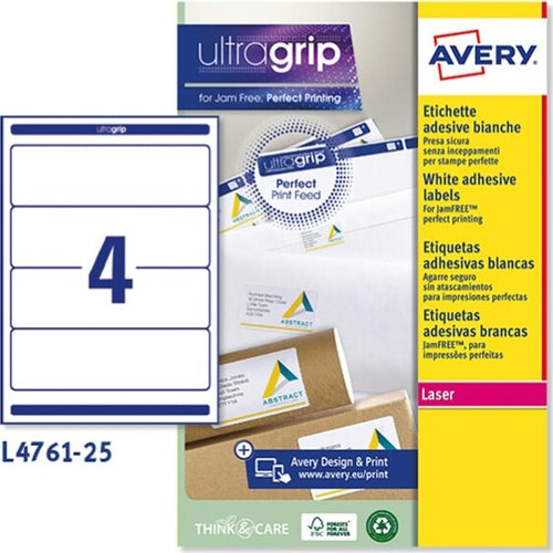 Etichetta adesiva L4761 - permanente - 192x61 mm - 4 etichette per foglio - bianco coprente - Avery - conf. 25 fogli A4 Cancelleria e prodotti per ufficio/Archivio ufficio e accessori per scrivania/Etichette divisori per schedario e timbri/Etichette ed etichette adesive/Etichette per stampanti Eurocartuccia - Pavullo, Commerciovirtuoso.it