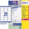 Etichetta adesiva L7160 - permanente - 63 5x38 1 mm - 21 etichetta per foglio - bianco - Avery - conf. 100 fogli A4 Cancelleria e prodotti per ufficio/Archivio ufficio e accessori per scrivania/Etichette divisori per schedario e timbri/Etichette ed etichette adesive/Etichette per stampanti Eurocartuccia - Pavullo, Commerciovirtuoso.it