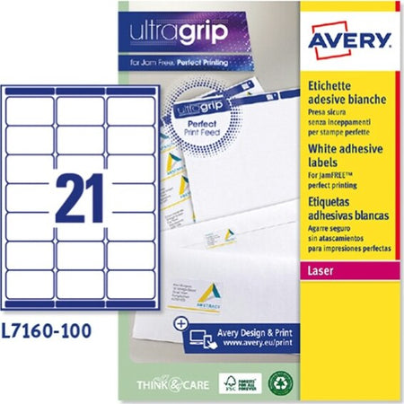 Etichetta adesiva L7160 - permanente - 63 5x38 1 mm - 21 etichetta per foglio - bianco - Avery - conf. 100 fogli A4 Cancelleria e prodotti per ufficio/Archivio ufficio e accessori per scrivania/Etichette divisori per schedario e timbri/Etichette ed etichette adesive/Etichette per stampanti Eurocartuccia - Pavullo, Commerciovirtuoso.it