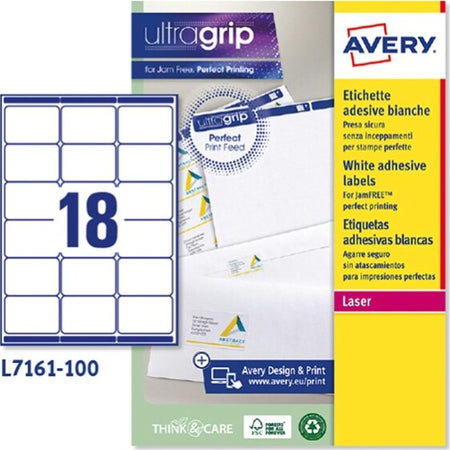 Etichetta adesiva L7161 - permanente - 63 5x46 6 mm - 18 etichette per foglio - bianco - Avery - conf. 100 fogli A4 Cancelleria e prodotti per ufficio/Archivio ufficio e accessori per scrivania/Etichette divisori per schedario e timbri/Etichette ed etichette adesive/Etichette per stampanti Eurocartuccia - Pavullo, Commerciovirtuoso.it