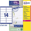 Etichetta adesiva L7163 - permanente - 99 1x38 1 mm - 14 etichette per foglio - bianco - Avery - conf. 100 fogli A4 Cancelleria e prodotti per ufficio/Archivio ufficio e accessori per scrivania/Etichette divisori per schedario e timbri/Etichette ed etichette adesive/Etichette per stampanti Eurocartuccia - Pavullo, Commerciovirtuoso.it