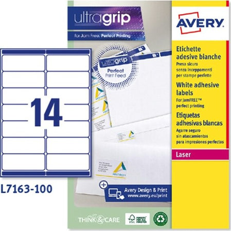 Etichetta adesiva L7163 - permanente - 99 1x38 1 mm - 14 etichette per foglio - bianco - Avery - conf. 100 fogli A4 Cancelleria e prodotti per ufficio/Archivio ufficio e accessori per scrivania/Etichette divisori per schedario e timbri/Etichette ed etichette adesive/Etichette per stampanti Eurocartuccia - Pavullo, Commerciovirtuoso.it