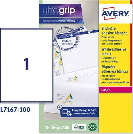 Etichetta adesiva L7167 - permanente - 199 6x289 1 mm - 1 etichetta per foglio - bianco - Avery - conf. 100 fogli A4 Cancelleria e prodotti per ufficio/Archivio ufficio e accessori per scrivania/Etichette divisori per schedario e timbri/Etichette ed etichette adesive/Etichette per stampanti Eurocartuccia - Pavullo, Commerciovirtuoso.it