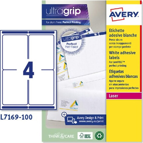 Etichetta adesiva L7169 - permanente - 99 1x139 mm - 4 etichette per foglio - bianco - Avery - conf. 100 fogli A4 Cancelleria e prodotti per ufficio/Archivio ufficio e accessori per scrivania/Etichette divisori per schedario e timbri/Etichette ed etichette adesive/Etichette per stampanti Eurocartuccia - Pavullo, Commerciovirtuoso.it
