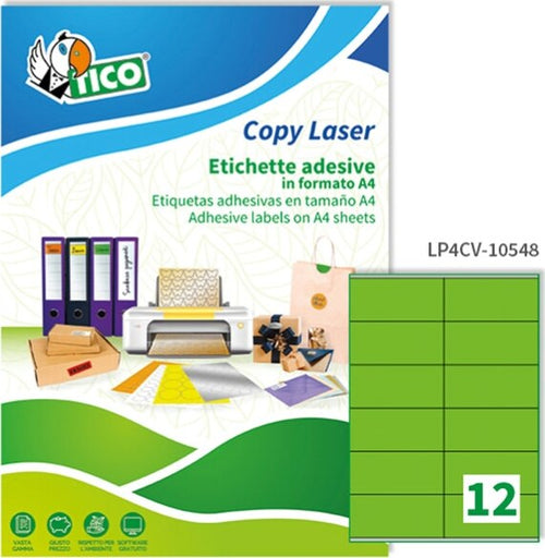 Etichetta adesiva LP4C - permanente - 105x48 mm - 12 etichette per foglio - verde opaco - Tico - conf. 70 fogli A4 Cancelleria e prodotti per ufficio/Archivio ufficio e accessori per scrivania/Etichette divisori per schedario e timbri/Etichette ed etichette adesive/Etichette per stampanti Eurocartuccia - Pavullo, Commerciovirtuoso.it