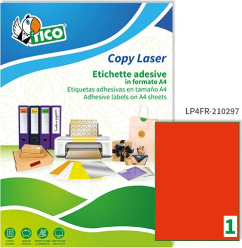 Etichetta adesiva LP4F - permanente - 210x297 mm - 1 etichetta per foglio - rosso fluo - Tico - conf. 70 fogli A4 Cancelleria e prodotti per ufficio/Archivio ufficio e accessori per scrivania/Etichette divisori per schedario e timbri/Etichette ed etichette adesive/Etichette per stampanti Eurocartuccia - Pavullo, Commerciovirtuoso.it