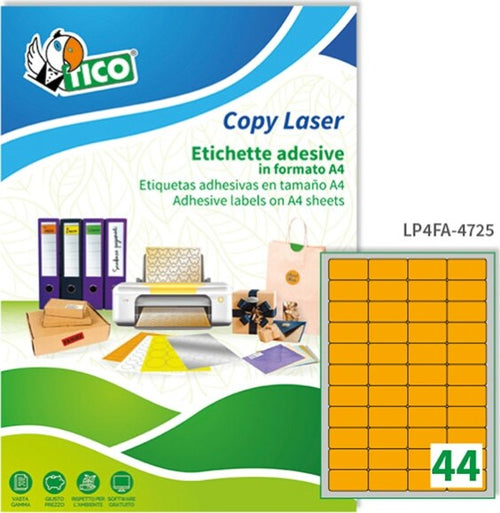 Etichetta adesiva LP4F - permanente - 47 5x25 5 mm - 44 etichette per foglio - arancio fluo - Tico - conf. 70 fogli A4 Cancelleria e prodotti per ufficio/Archivio ufficio e accessori per scrivania/Etichette divisori per schedario e timbri/Etichette ed etichette adesive/Etichette per stampanti Eurocartuccia - Pavullo, Commerciovirtuoso.it