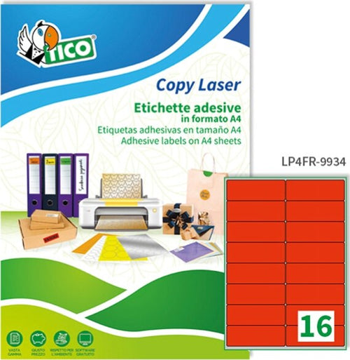 Etichetta adesiva LP4F - permanente - 99 1x34 mm - 16 etichette per foglio - rosso fluo - Tico - conf. 70 fogli A4 Cancelleria e prodotti per ufficio/Archivio ufficio e accessori per scrivania/Etichette divisori per schedario e timbri/Etichette ed etichette adesive/Etichette per stampanti Eurocartuccia - Pavullo, Commerciovirtuoso.it