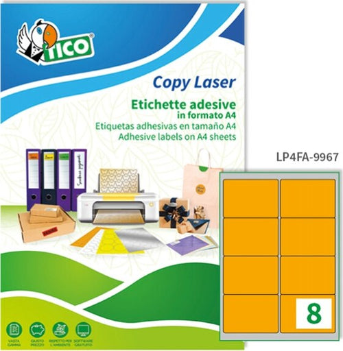 Etichetta adesiva LP4F - permanente - 99 1x67 7 mm - 8 etichette per foglio - arancio fluo - Tico - conf. 70 fogli A4 Cancelleria e prodotti per ufficio/Archivio ufficio e accessori per scrivania/Etichette divisori per schedario e timbri/Etichette ed etichette adesive/Etichette per stampanti Eurocartuccia - Pavullo, Commerciovirtuoso.it