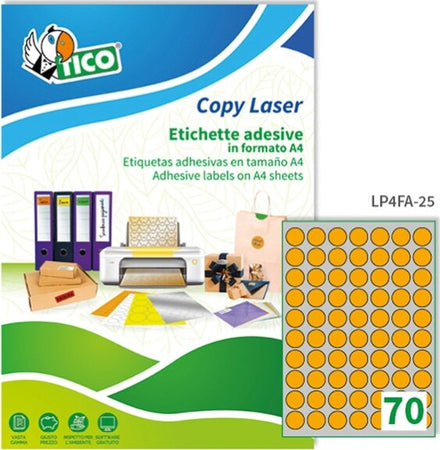 Etichetta adesiva LP4F - permanente - tonda D 25 mm - 70 etichette per foglio - arancio fluo - Tico - conf. 70 fogli A4 Cancelleria e prodotti per ufficio/Archivio ufficio e accessori per scrivania/Etichette divisori per schedario e timbri/Etichette ed etichette adesive/Etichette per stampanti Eurocartuccia - Pavullo, Commerciovirtuoso.it