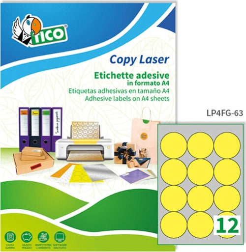 Etichetta adesiva LP4F - permanente - tonda D 63 5 mm - 12 etichette per foglio - giallo fluo - Tico - conf. 70 fogli A4 Cancelleria e prodotti per ufficio/Archivio ufficio e accessori per scrivania/Etichette divisori per schedario e timbri/Etichette ed etichette adesive/Etichette per stampanti Eurocartuccia - Pavullo, Commerciovirtuoso.it