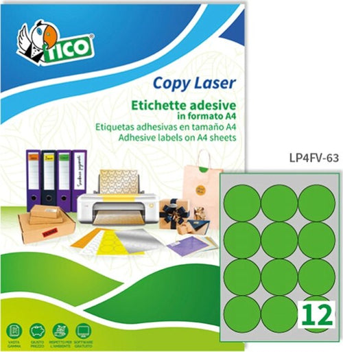 Etichetta adesiva LP4F - permanente - tonda D 63.5 mm - 12 etichette per foglio - verde fluo - Tico - conf. 70 fogli A4 Cancelleria e prodotti per ufficio/Archivio ufficio e accessori per scrivania/Etichette divisori per schedario e timbri/Etichette ed etichette adesive/Etichette per stampanti Eurocartuccia - Pavullo, Commerciovirtuoso.it