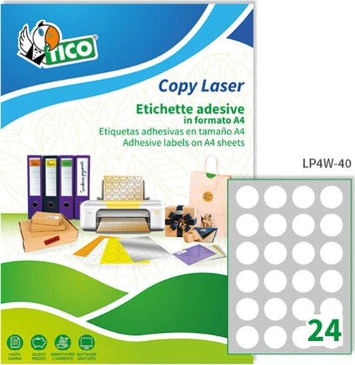 Etichetta adesiva LP4W - permanente - tonda D40 mm - 24 etichette per foglio - bianco - Tico - conf. 100 fogli A4 Cancelleria e prodotti per ufficio/Archivio ufficio e accessori per scrivania/Etichette divisori per schedario e timbri/Etichette ed etichette adesive/Etichette per stampanti Eurocartuccia - Pavullo, Commerciovirtuoso.it