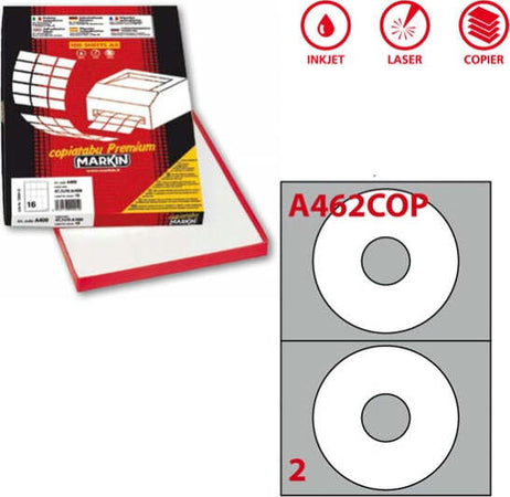 Etichetta adesiva per CD A462 - permanente - diametro CD 117 5 mm - foro 41 mm - 2 etichette per foglio - bianco coprente - Markin - scatola 100 fogli A4 Cancelleria e prodotti per ufficio/Archivio ufficio e accessori per scrivania/Etichette divisori per schedario e timbri/Etichette ed etichette adesive/Etichette per stampanti Eurocartuccia - Pavullo, Commerciovirtuoso.it