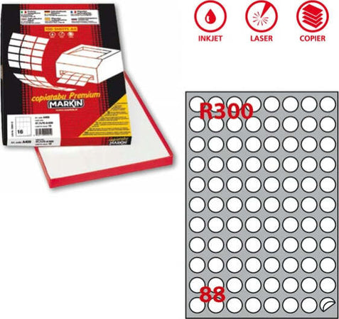 Etichetta adesiva R300 - permanente - tonda D 20 mm - 88 etichette per foglio - bianco - Markin - scatola 100 fogli A4 Cancelleria e prodotti per ufficio/Archivio ufficio e accessori per scrivania/Etichette divisori per schedario e timbri/Etichette ed etichette adesive/Etichette per stampanti Eurocartuccia - Pavullo, Commerciovirtuoso.it