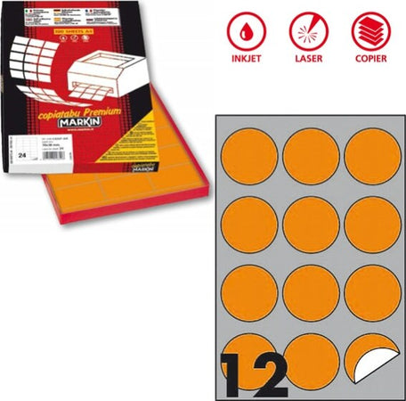 Etichetta adesiva R310 - permanente - tonda D 60 mm - 12 etichette per foglio - arancio fluo - Markin - scatola 100 fogli A4 Cancelleria e prodotti per ufficio/Archivio ufficio e accessori per scrivania/Etichette divisori per schedario e timbri/Etichette ed etichette adesive/Etichette per stampanti Eurocartuccia - Pavullo, Commerciovirtuoso.it