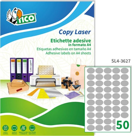 Etichetta adesiva SL4 - ovale - permanente - 36x27 mm - 50 etichette per foglio - satinata argento - Tico - conf. 100 fogli A4 Cancelleria e prodotti per ufficio/Archivio ufficio e accessori per scrivania/Etichette divisori per schedario e timbri/Etichette ed etichette adesive/Etichette per stampanti Eurocartuccia - Pavullo, Commerciovirtuoso.it