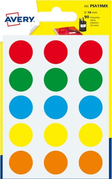 Etichetta adesiva tonda PSA - permanente - D 19 mm - colori assortiti - Avery - blister 90 etichette Cancelleria e prodotti per ufficio/Archivio ufficio e accessori per scrivania/Etichette divisori per schedario e timbri/Etichette ed etichette adesive/Etichette per stampanti Eurocartuccia - Pavullo, Commerciovirtuoso.it