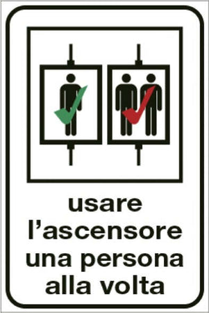 Etichetta attacca e stacca - ''Usare l'ascensore una persona alla volta'' - 12x18 cm - Cartelli Segnalatori Fai da te/Sicurezza e protezione/Attrezzature per sicurezza sul lavoro/Segnaletica antinfortunistica Eurocartuccia - Pavullo, Commerciovirtuoso.it