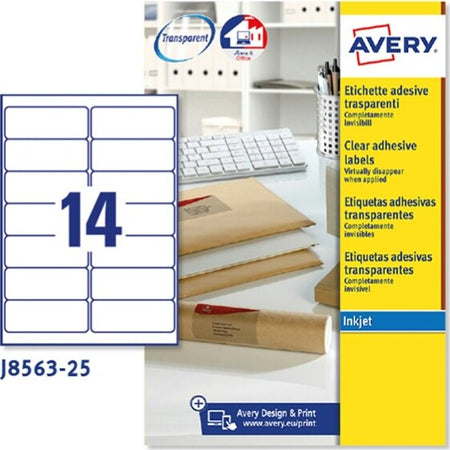 Etichetta in poliestere J8563 - adatta a stampanti inkjet - 99 1 x 38 1 mm - 14 etichette per foglio - trasparente - Avery - conf. 25 fogli A4 Cancelleria e prodotti per ufficio/Archivio ufficio e accessori per scrivania/Etichette divisori per schedario e timbri/Etichette ed etichette adesive/Etichette per stampanti Eurocartuccia - Pavullo, Commerciovirtuoso.it