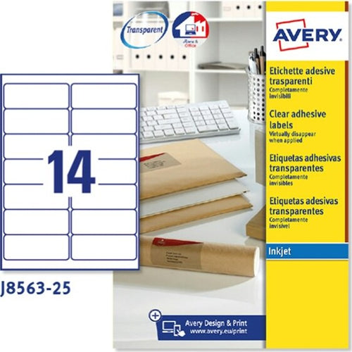 Etichetta in poliestere J8563 - adatta a stampanti inkjet - 99 1 x 38 1 mm - 14 etichette per foglio - trasparente - Avery - conf. 25 fogli A4 Cancelleria e prodotti per ufficio/Archivio ufficio e accessori per scrivania/Etichette divisori per schedario e timbri/Etichette ed etichette adesive/Etichette per stampanti Eurocartuccia - Pavullo, Commerciovirtuoso.it