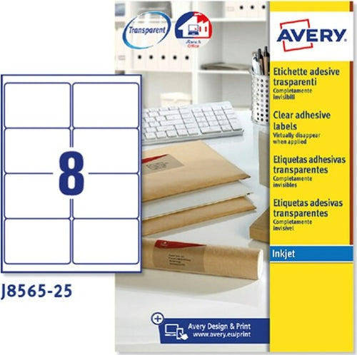 Etichetta in poliestere J8565 - adatta a stampanti inkjet - 99 1 x 67 7 mm - 8 etichette per foglio - trasparente - Avery - conf. 25 fogli A4 Cancelleria e prodotti per ufficio/Archivio ufficio e accessori per scrivania/Etichette divisori per schedario e timbri/Etichette ed etichette adesive/Etichette per stampanti Eurocartuccia - Pavullo, Commerciovirtuoso.it