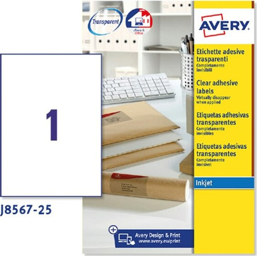 Etichetta in poliestere J8567 - adatta a stampanti inkjet - permanente - 210 x 297 mm - 1 etichetta per foglio - trasparente - Avery - conf. 25 fogli A4 Cancelleria e prodotti per ufficio/Archivio ufficio e accessori per scrivania/Etichette divisori per schedario e timbri/Etichette ed etichette adesive/Etichette per stampanti Eurocartuccia - Pavullo, Commerciovirtuoso.it